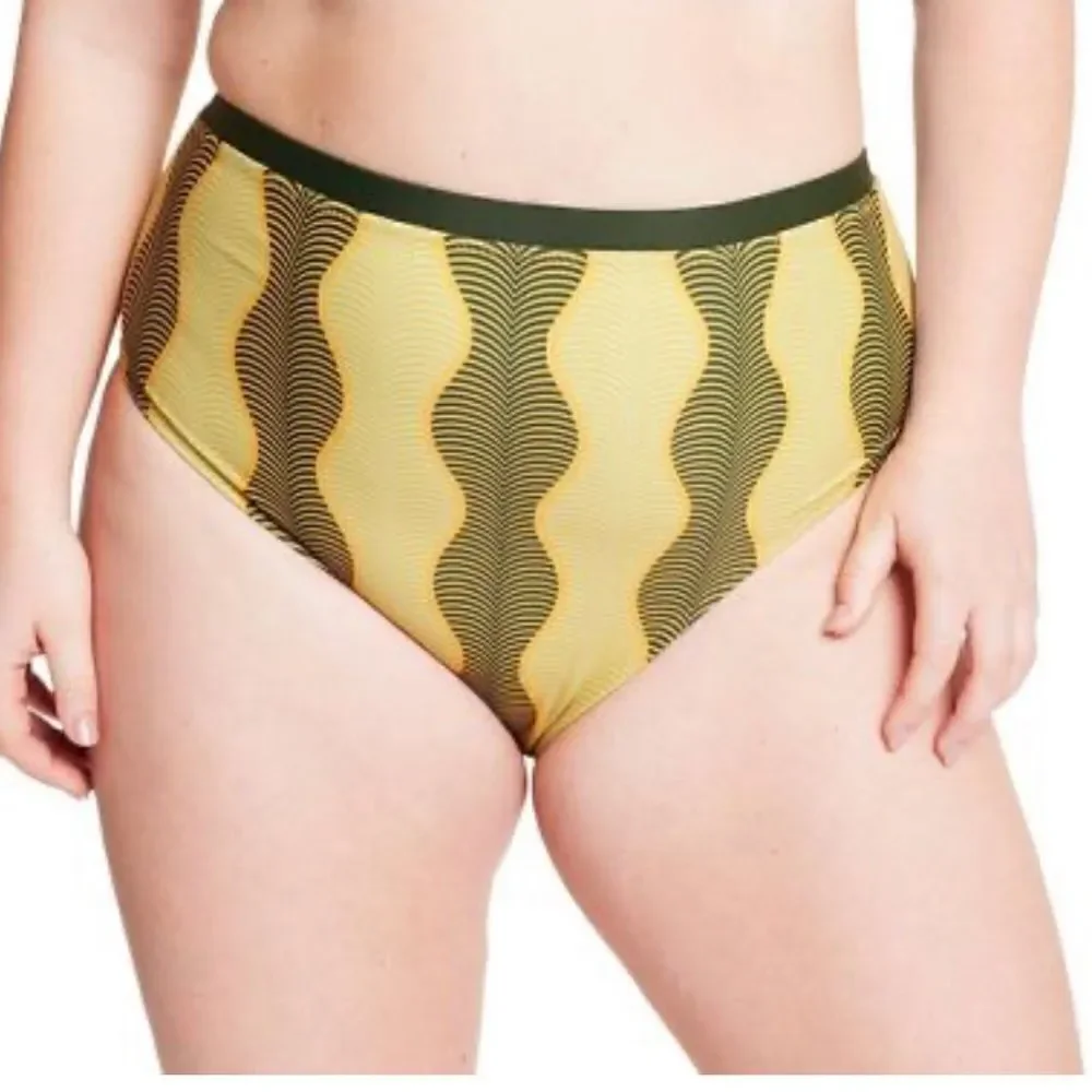 Micro Wave Print Cheeky HighWaist Bikini Bottom FeNoel xTarget Muted Geen NWT XL